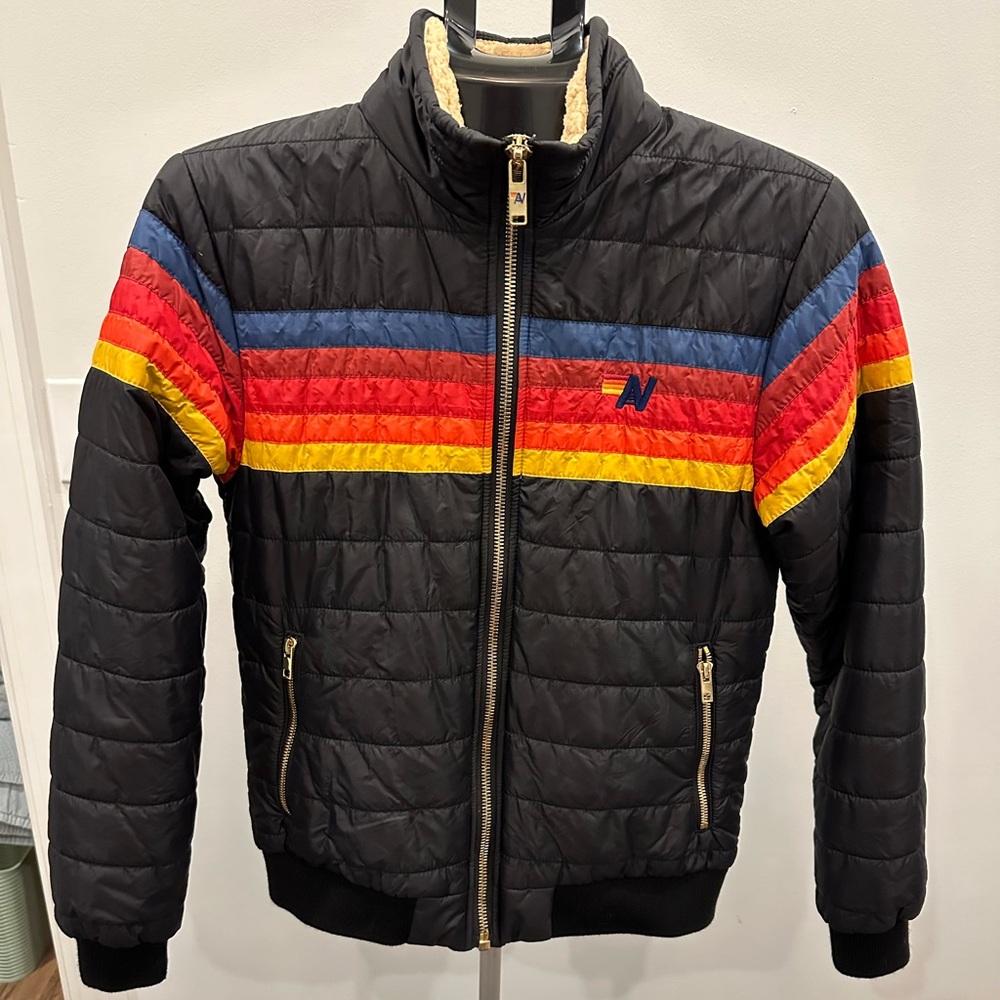 Aviator Nation 5 stripe black jacket coat puffer